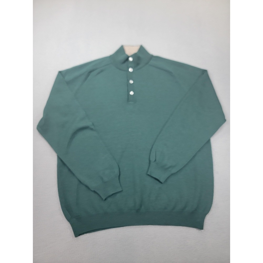 Executive Suite Sweater Mens Large Green Merino Wool Mock Neck Button Made Italy